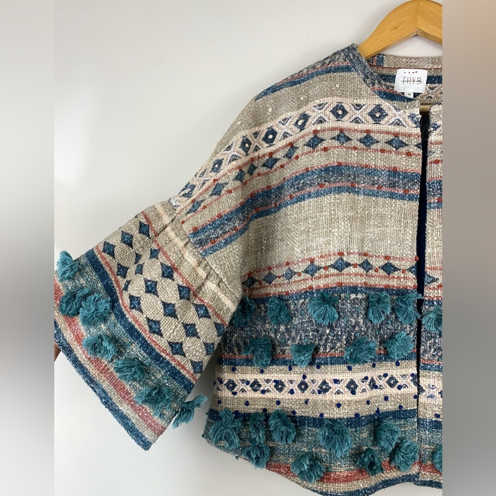 Anthropologie TRYB Kuta Textured Kimono Jacket In Blu Motif Size Small NWOT - Picture 8 of 16